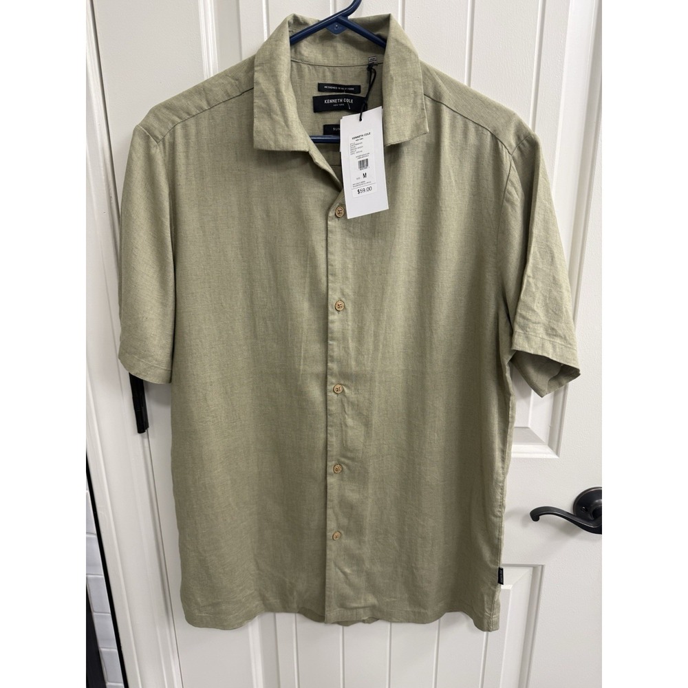 Kenneth Cole Men's Short-sleeve Button-down Shirt Medium Khaki Slim Fit NWT